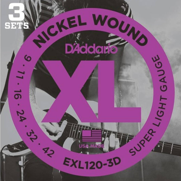 D'Addario EXL120-3D Nickel Wound Electric Guitar Strings 3-PACK (9-42)