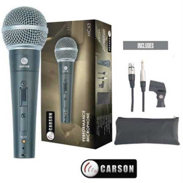 CARSON MC63 UNIDIRECTIONAL SILVER MICROPHONE WITH INCLUDED XLR TO JACK CABLE